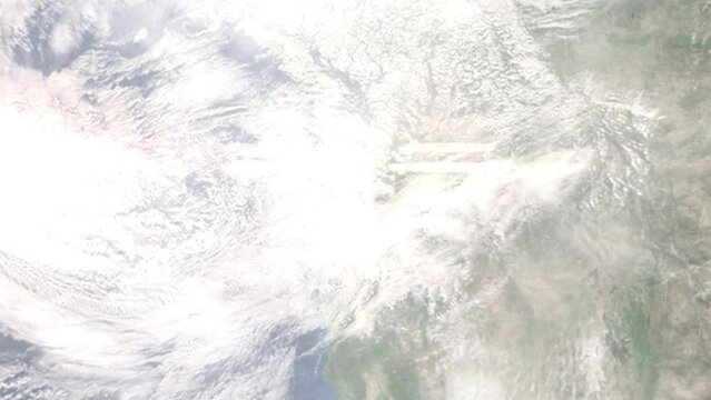 Earth zoom in from outer space to city. Zooming on Hillsboro, Oregon, USA. The animation continues by zoom out through clouds and atmosphere into space. Images from NASA
