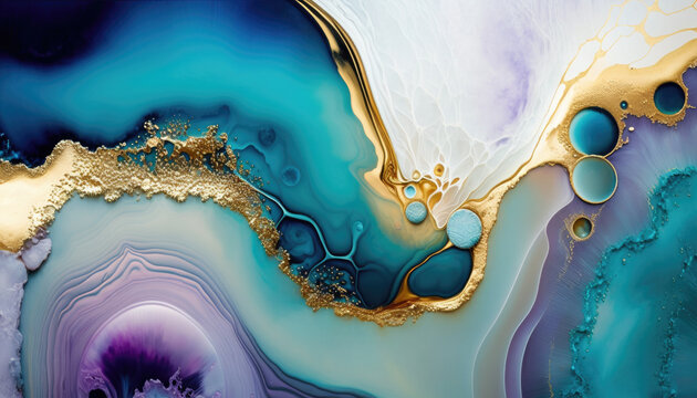 Beautiful White and Pastel Paint Swirls with Gold Glitter. Elegant Marbling Wallpaper. Generative AI.