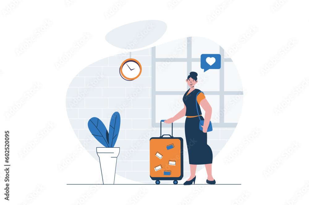 Poster travelling web concept with character scene. woman traveler with suitcase preparing for trip on vaca