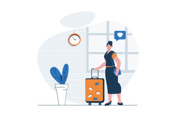 Travelling web concept with character scene. Woman traveler with suitcase preparing for trip on vacation. People situation in flat design. Vector illustration for social media marketing material.