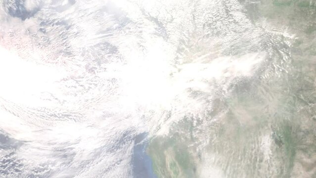 Earth zoom in from outer space to city. Zooming on Corvallis, Oregon, USA. The animation continues by zoom out through clouds and atmosphere into space. Images from NASA
