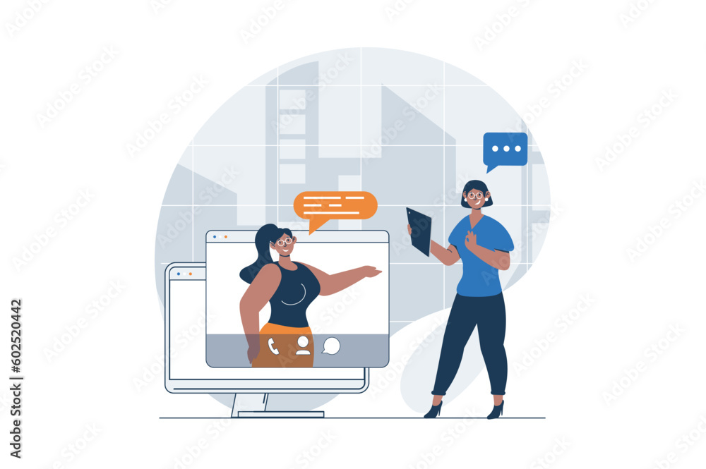 Aufkleber video conference web concept with character scene. women talking and discussing tasks via virtual vi
