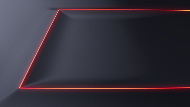 Black Surface with Embossed Shape and Orange Illuminated Edge. Tech Background with Neon Rectangle. 3D Render.