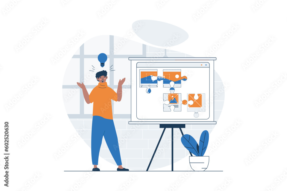 Aufkleber Web design concept with character scene. Man creating online page layouts and placing elements using platform. People situation in flat design. Vector illustration for social media marketing material.
