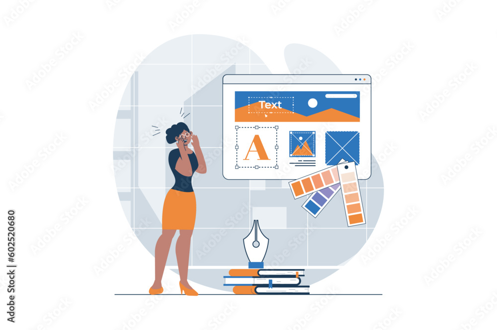 Poster web design concept with character scene. woman creating page layouts with elements, research colours