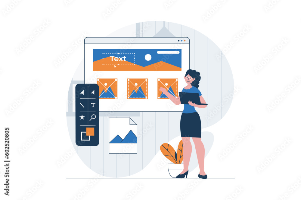 Fototapete web development concept with character scene. woman creating graphic elements and placing content at