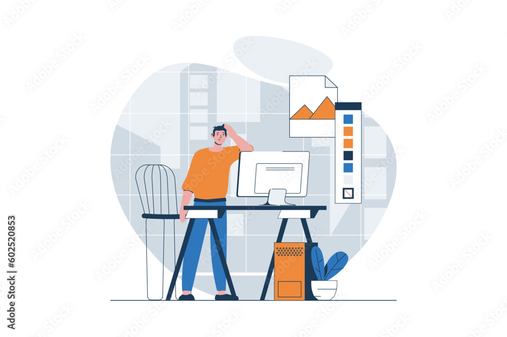 Fototapete web development concept with character scene. man creating graphic elements and working with drawing