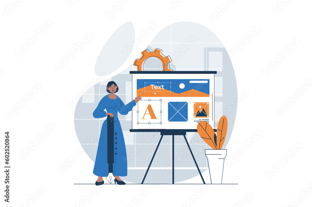 Poster web development concept with character scene. woman creating different elements and developing layou