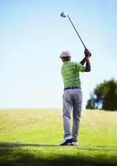 Sports, golf and black man ready for stroke in game, match and competition on golfing course....