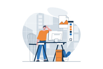 Web development concept with character scene. Man creating graphic elements and working with drawing tools. People situation in flat design. Vector illustration for social media marketing material.