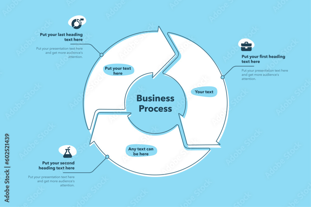 Poster Business process template with three steps - blue version. Easy to use for your website or presentation.