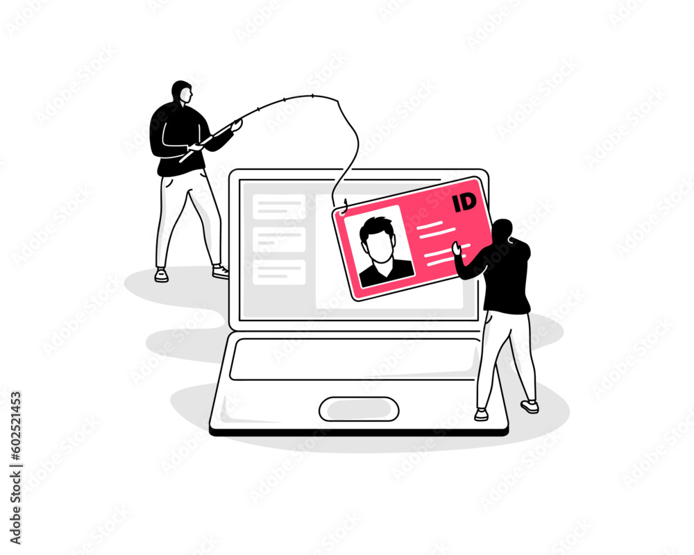 Aufkleber illustration of identity fraud symbol with two hackers stealing someone personal information from hi