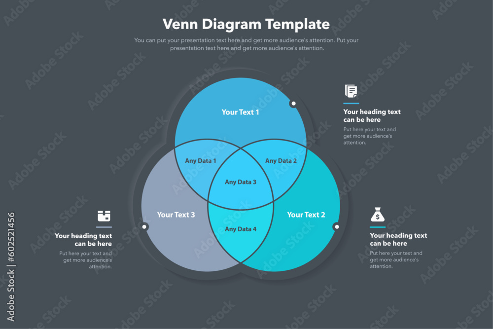 Poster Venn diagram template with three ways and place for your content - dark version. Slide for business presentation.