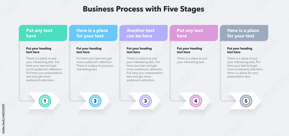 Poster modern business process diagram with five stages. flat infographic with five arrows and place for yo