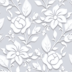 Vintage Seamless Pattern with White Rose and Mallow Inspired by Stucco. Vintge Floral Motif, Handmade Craft Art. Realistic 3d Imitation. Endless Texture. Vector 3d Illustration