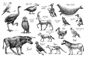 Extinct species. Wild mammal animals and birds. Dodo, Moa, Tasmanian wolf, Quagga. Aurochs. Blue antelope. Hand drawn vector engraved sketch. Graphic vintage style.  © artbalitskiy