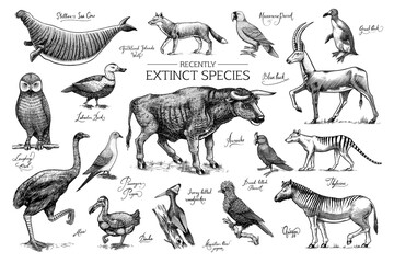 Extinct species. Wild mammal animals and birds. Dodo, Moa, Tasmanian wolf, Quagga. Aurochs. Blue antelope. Hand drawn vector engraved sketch. Graphic vintage style. 