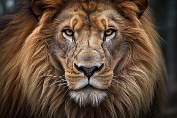 Fototapeta na wymiar Close-up photo of a lion's face, capturing the intensity in its eyes. Generative AI