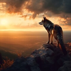 Wolf Standing on Edge of Cliff and Watching. Generative AI