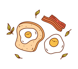 Cute fried eggs with toast and bacon isolated on white background. Vector hand-drawn illustration in kawaii doodle style. Perfect for various designs, cards, decorations, logo, menu, recipes.