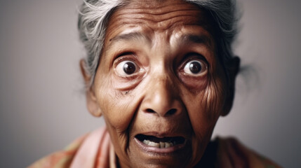 An amazed Indian senior woman expresses dramatic surprise. Generative AI