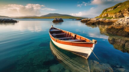 Obraz na płótnie Canvas Stunning coastal landscape with a serene shot of a boat in a calm bay. Generative AI