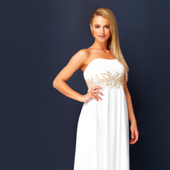 Fototapeta na wymiar Beautiful woman in a white gala dress and looking gorgeous for prom, orcars or red carpet event. Portrait a fashion and beauty model looking posh in a designer gown with copy space background