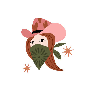 Cowgirl portrait. Wild west. Western female character face. Wearing bandana and hat, American texas people. Modern drawing. Contemporary art, bright colors, vector cartoon flat style isolated set