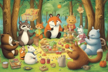 Whimsical Forest Picnic: Delightful Cartoon Desktop Background Showcasing a Charming Gathering of Animals Enjoying a Colorful Picnic in the Clearing