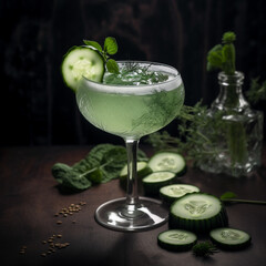 A glass of cucumber and ice sits on a wooden table with a bottle of alcohol behind it. Ai generated