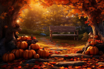 Enchanting Autumn Delight: High-Detailed 8K Desktop Background Brimming with Pumpkins, Vibrant Autumn Leaves, and Majestic Trees