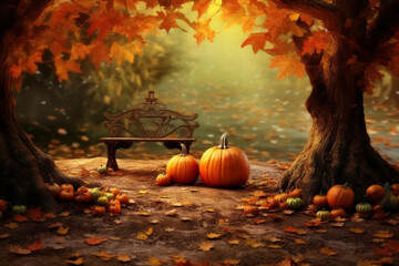 Naklejka na ściany i meble Enchanting Autumn Delight: High-Detailed 8K Desktop Background Brimming with Pumpkins, Vibrant Autumn Leaves, and Majestic Trees