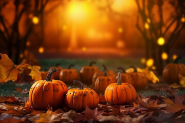 Enchanting Autumn Delight: High-Detailed 8K Desktop Background Brimming with Pumpkins, Vibrant Autumn Leaves, and Majestic Trees