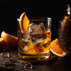 A glass of oranges and a drink with a dark background. Ai generated
