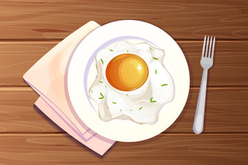 Egg fried on plate, kitchen wooden table top view decorated with tablecloth in cartoon style. Morning food
