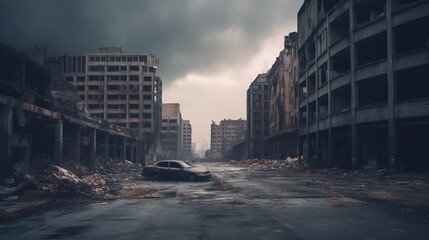 A dark and dreary abandoned city with broken buildings and a broken path. A post-apocalyptic scene of the future, where all hope is lost