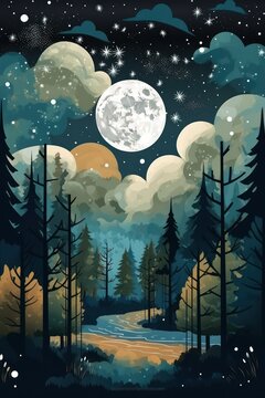 a full moon with forest and star, night time forest, wallpaper vector style, Generative AI