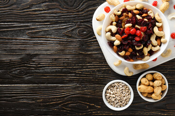 Tasty food concept - delicious dried fruits, space for text