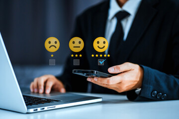 Customer Satisfaction Survey concept, 5-star satisfaction,service experience rating,ISO certification and standardization concept., satisfaction feedback review, good quality most.