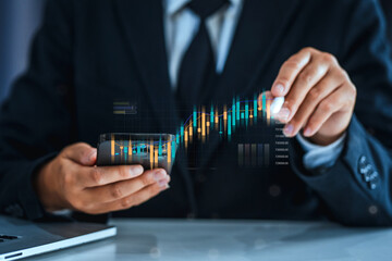 Stock market, Business growth, progress or success. Businessman trader planning and strategy growing virtual hologram stock, invest in trading.