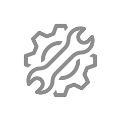 Gear with spanner or wrench line vector icon set. Setup, settings outline icons.