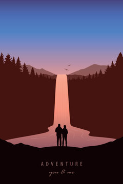 couple man and woman by waterfall river in the mountains at beautiful sunset