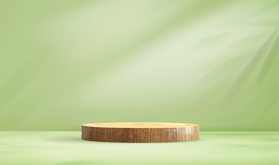 Wood stage podium on green background. Green abstract nature studio with wooden stage display platform and shadows leaves. 3d summer scene for product presentation. Realistic vector illustration