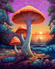 A painting of a forest with a colorful mushroom and a river in the background