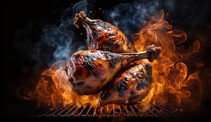 Seasoned Tasty Juicy Chicken Drumsticks grilled with Flames and Smoke in Background. Ai generated