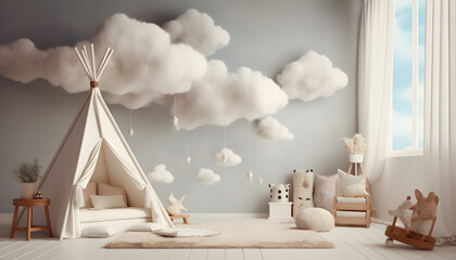 Interior of child room with the clouds. Generative AI