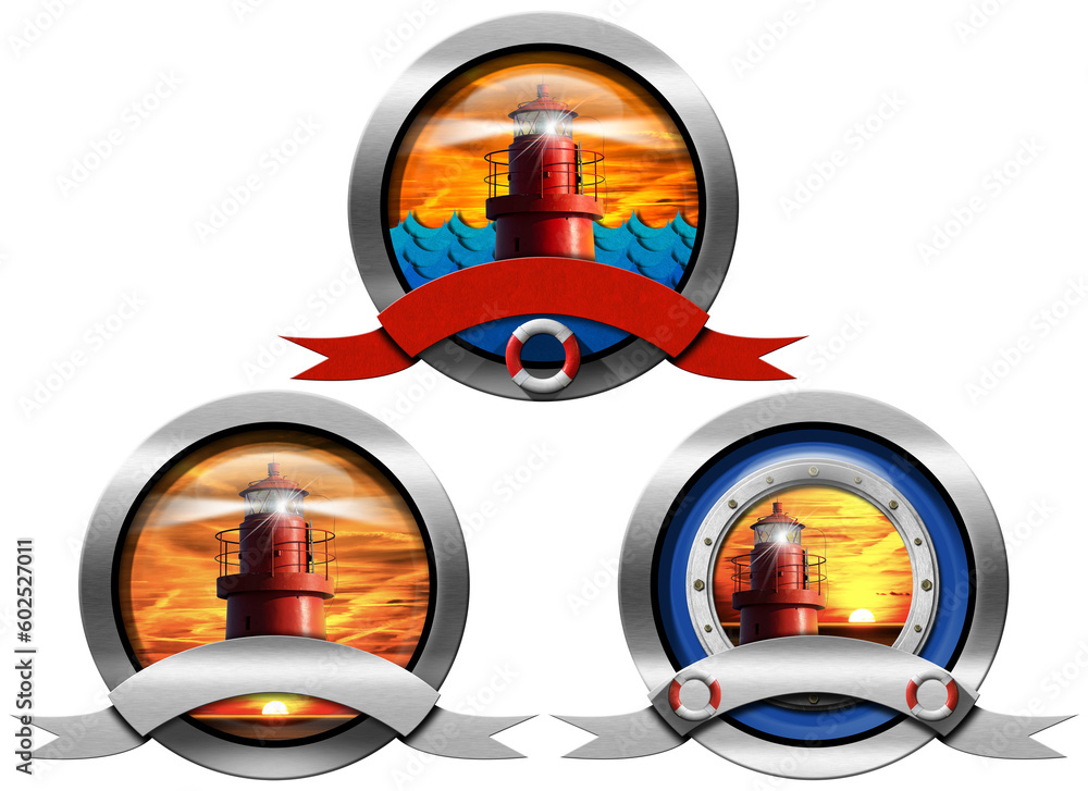 Poster three round metal symbols or icons with a red lighthouse with light beam at sunset and empty ribbon 
