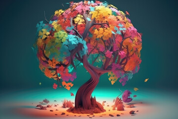 Obraz na płótnie Canvas Colorful tree with colorful leaves. 3d wallpaper with abstraction for wall decor in the interior. Generative AI