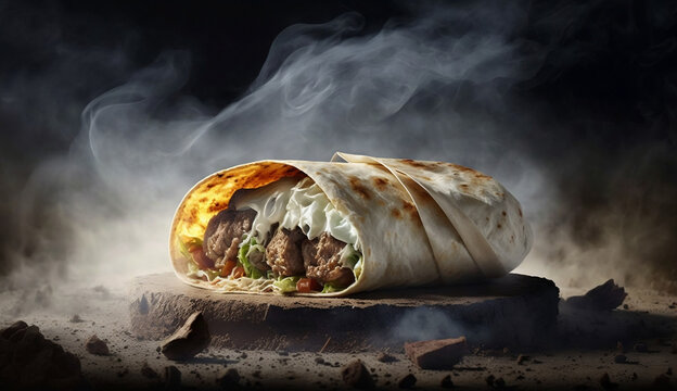 Capture the sizzling essence of a perfectly grilled burrito in this appetising photo. Smoke rises against the dark backdrop, making it perfect for foodie blogs and restaurant menus.