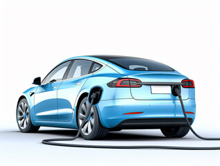 Blue modern sports electric car isolated on a white background, charging near the station. Back view. Generative AI